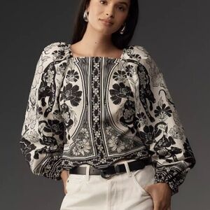 Farm Rio Leopard Floral Blouse | Black & White | Boat Neck | SMALL | NWT
